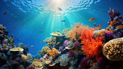 Underwater scene with sunlight, colorful fish, and coral reefs.