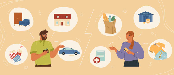 Married couple discussing family budget vector illustration
