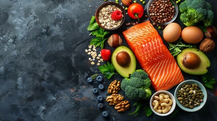 Topview of superfoods including salmon, avocado, eggs, nuts, seeds, and a variety of fresh fruits and vegetables. Perfect for promoting healthy eating and nutritious diet concepts