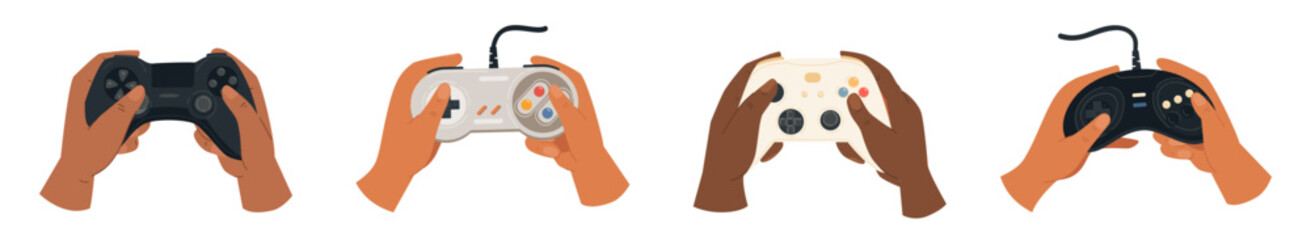 Human hands holding joystick gamepad isolated set