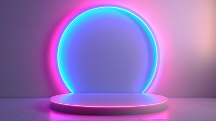 Neon podium product on colorful stage background, geometric shape for product display presentation, Podium, stage pedestal or platform.