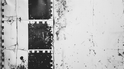 A black and white photo of a wall with three black and white film strips on it. The photo has a vintage and worn look to it, with the film strips appearing to be torn and frayed