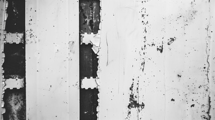 A black and white photo of a wall with three black and white film strips on it. The photo has a vintage and worn look to it, with the film strips appearing to be torn and frayed
