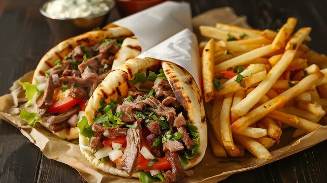 Fresh and delicious gyros with a side of crispy golden fries served on a rustic wooden table.