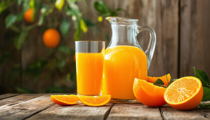 A pitcher of orange juice with glass, and the fruit in the foreground, on a rustic wooden table, against a diffuse background, with empty space for text