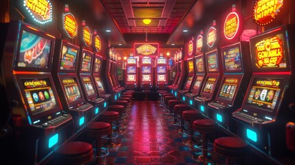 Realistic 3D illustration of casino slot machines, with high-resolution graphics and vibrant colors.