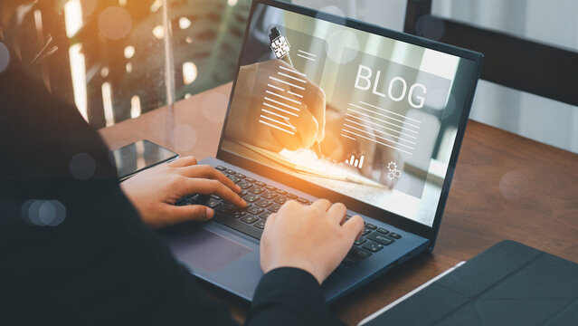 Woman ues laptop computer with social media online content, freelance worker, working online, content creator, blogger, technology, website, woman reading blog online on computer at home