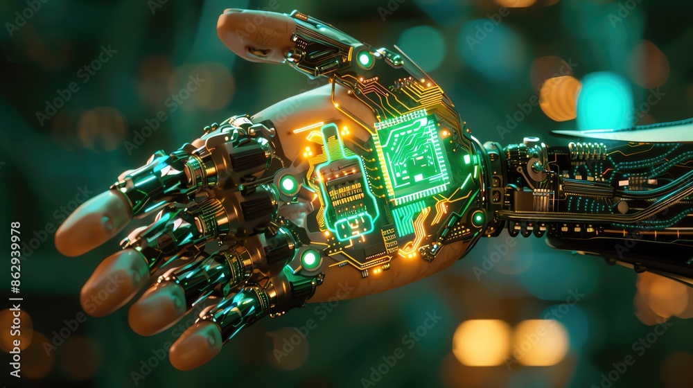 Poster futuristic robotic hand with advanced circuitry and glowing interface, representing innovation in te