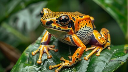 Obraz premium A vibrant, multicolored frog sits attentively on a lush, green leaf in its natural rainforest habitat.
