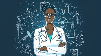 Detailed doctor with medical instruments and action lines, perfect for representing healthcare and wellness in promotional materials