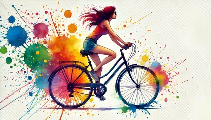 Fototapeta premium A vibrant watercolor painting of a woman riding a bicycle with colorful splashes in the background.
