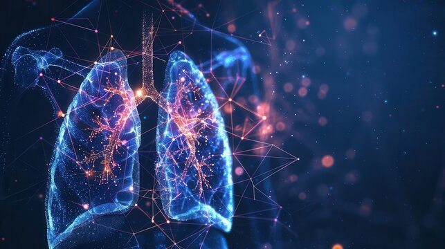 abstract human lungs xray illustration with glowing interconnected lines representing the respiratory system and the concept of breathing and health