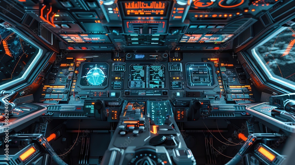 Wall mural futuristic spaceship cockpit with advanced controls, illuminated displays, and high-tech instruments