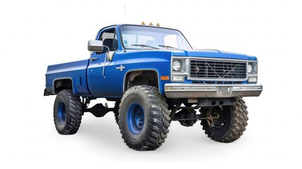 blue big truck four wheel drive pickup white background clipping path esel tall high large vehicle transportation offroad lifted clean front view american domestic nobody no people.