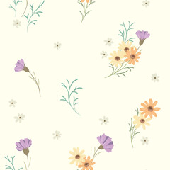 Seamless floral pattern, ditsy print, simple abstract ornament of wild plants. Cute botanical wallpaper, textile design: large hand drawn flowers, daisies, small leaves on a white. Vector illustration