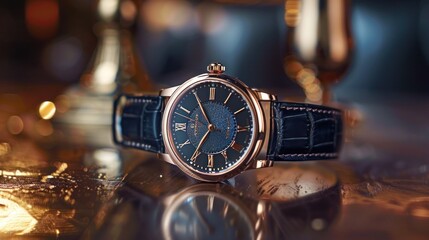 Luxury Wristwatch with a Gold Case and a Dark Blue Dial