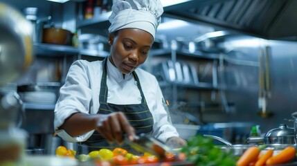 african american female chef preparing gourmet meal in professional kitchen culinary arts