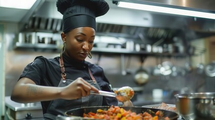 african american female chef preparing gourmet meal in professional kitchen culinary arts
