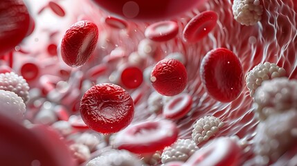 Fototapeta premium Close-up view of blood cells, platelets, and immune cells flowing through a blood vessel.
