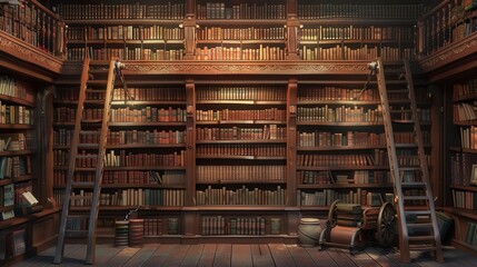 Fototapeta premium antique library with floortoceiling bookshelves leatherbound volumes and rolling ladder 3d illustration