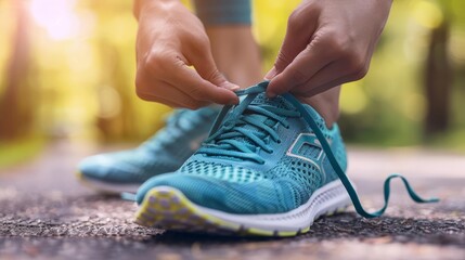 Person tying shoelaces on running shoes, preparing for a morning jog Tying laces Emphasizing readiness for morning exercise