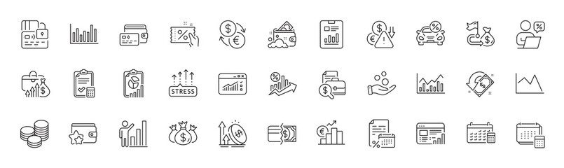 Discount coupon, Salary and Loyalty program line icons. Pack of Accounting report, Deflation, Calendar icon. Web report, Wallet, Loan percent pictogram. Online discounts, Calendar tax. Vector