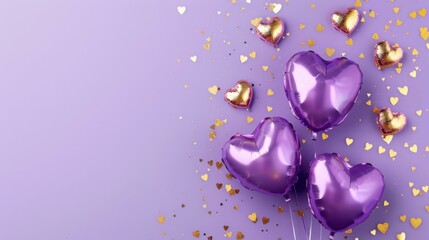 Fototapeta premium A charming flat lay of purple heart-shaped foil balloons and golden confetti on a smooth purple background.