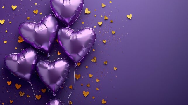 Purple heart-shaped balloons with golden confetti on a purple background. - Powered by Adobe
