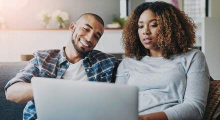 Relax, smile and couple with laptop in home on living room sofa for online browsing, choice or...