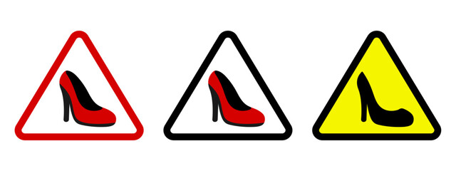 Female driver caution sign. High heel shoes road symbol. Woman in a car vector icon. Female shoe in red triangle sticker.
