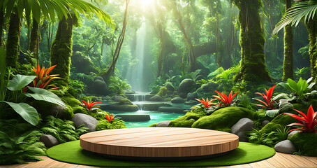  Podium background product forest green display platform wood stone 3d garden rock. Product podium jungle background stage leaf cosmetic nature scene stand presentation mockup tree pedestal plant eco 