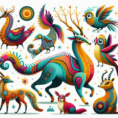 Fictional animals that have never existed before, with unique characteristics such as bright colors and unusual patterns.