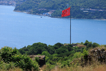 Fototapeta premium Turkish flag, on a red background white star and moon. Turkish flag flies in the wind against the backdrop of Istanbul