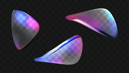 3d abstract holographic liquid prism shape set. Transparent fluid crystal hologram blob. Iridescent water drop rainbow caustic. Futuristic refraction collection with neon overlay for music asset
