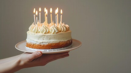 birthday cake with glowing candles held in hand minimalistic food photography concept