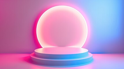 Neon podium product on colorful stage background, geometric shape for product display presentation, Podium, stage pedestal or platform.