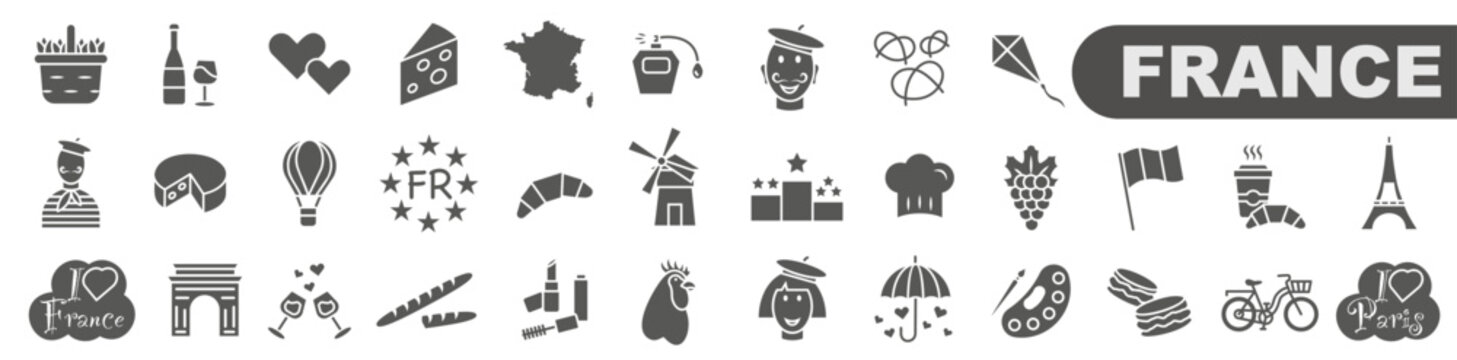 Icons about France. Welcome to France. Sights of France. Dark icons.
