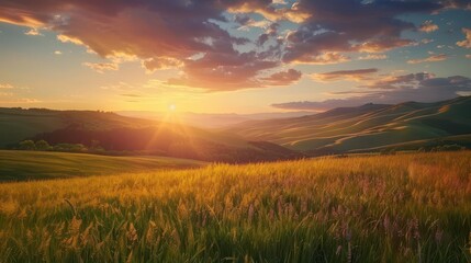 Fototapeta premium breathtaking sunrise over rolling hills and lush fields timelapse landscape