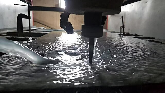 Diamond cutting scene with Computer Numerical Control (CNC) machine. Water jets fly in different directions, slow motion.