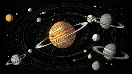 Sketch solar system. Hand drawn planets orbits, planetary and earth orbit vector illustration set. Astronomy themed coloring book drawings pack.