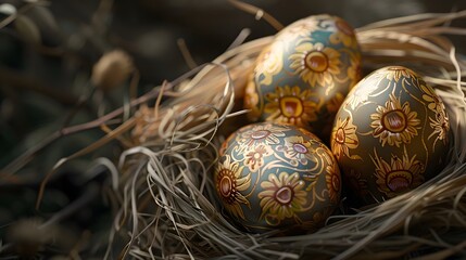 Happy Easter day decoration colorful eggs in nest  with copy space