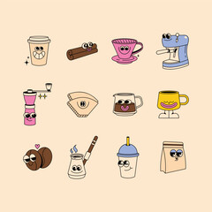 Сollection of coffee items. Coffee shop, barista. Coffee. Character design, groovy. Vintage, retro characters.