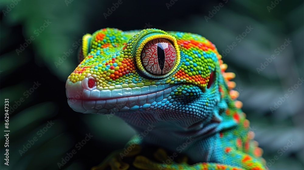 Wall mural Close-Up of a Colorful Gecko with Striking Red Eye