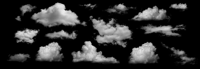 Clouds set isolated on black background. White cloudiness, mist or smog background.