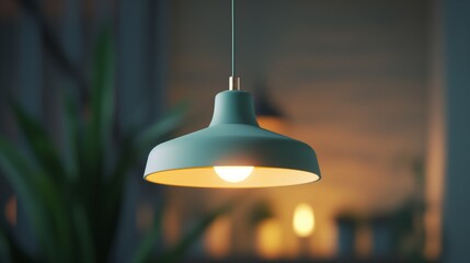 Teal pendant light fixture illuminating interior space.