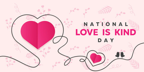 National Love Is Kind Day. Pink heart and bird. Great for cards, banners, posters, social media and more. Pink background. 