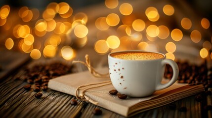 Obraz premium Coffee Cup on a Book with a Warm, Cozy Atmosphere