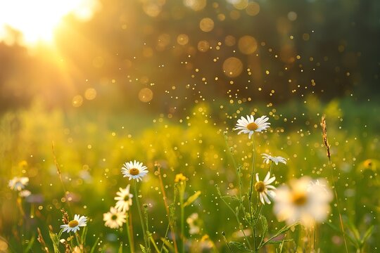 A field of daisies basks in the warm glow of the setting sun, with pollen floating through the air.