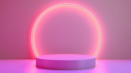Obraz premium Neon podium product on colorful stage background, geometric shape for product display presentation, Podium, stage pedestal or platform.