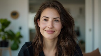 Obraz premium Smiling woman with long brown hair posing for a portrait in a home setting.